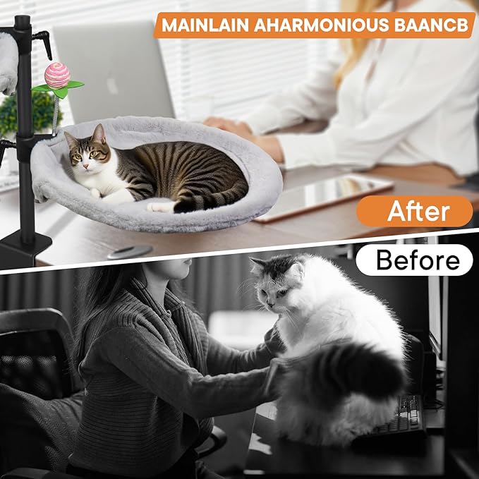 Double Cat Desk Bed, 360° Rotating & Adjustable Desk Mount with Soft Faux Fur & Breathable Mesh Accessories, Ergonomic Cat Perch for Remote Workers,Gamers, and Office Staff - Supports up to 44 lbs