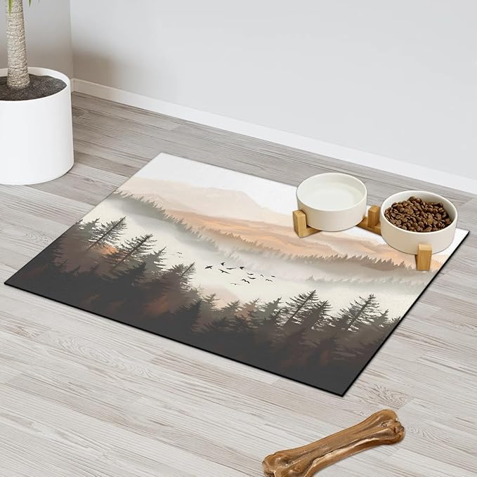 Misty Forest Dog Food Mat for Floors Absorbent, Quick Dry Water Dispenser Mat for Food, Water, Pet Supplies 16" x 24", Mountains Bird