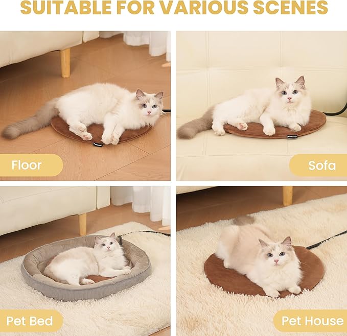 Pet Heating Pad for Cats Dogs Indoor & Sheltered Outdoor Waterproof Heated Cat Bed Heated Dog Bed Chew Resistant Cord Constant Temperature Brown Round 16 Inch