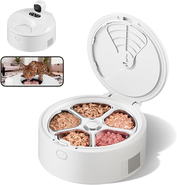 Automatic Cat Feeder Wet Food for 5 Meals, Semiconductor Cooling & 𝐏𝐫𝐞-𝐇𝐞𝐚𝐭𝐢𝐧𝐠 Pet Food Dispenser with Night Vision Camera, App-Controlled Auto Cat Feeder with Food-Grade Stainless Tray