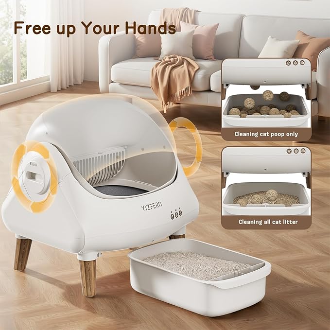 Self Cleaning Litter Box for Multiple Cats, Automatic Cat Litter Box with App Control, Open Top Design, Safety Protection, Ultra-Quiet, Waste Bags, Large Waste Bin & Brush (White) (Wooden)
