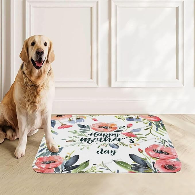 Pet Feeding Mats with Residue Collection Happy Mother's Day Floral Gift for Mom Lj Waterproof Dog Cat Bowl Mat 18X12In with Prevent Water Food Spills