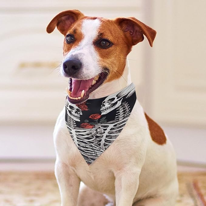 Dog Bandana Spring Pet Scarf Adjustable Triangle Rose and Skeleton Printing Dog Bib Washable Polyester Puppy Bandana for Small Medium Large Dogs Cat Birthday Party Supplies