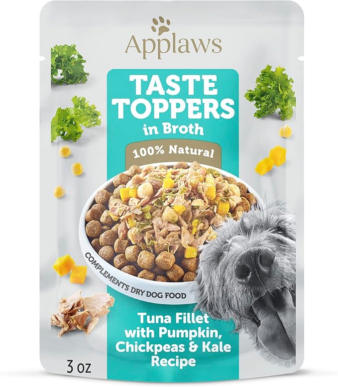 Applaws Taste Toppers, Limited Ingredient Dog Food Topper, Tuna Fillet with Pumpkin, Kale & Chickpeas in Broth (6 x 3oz Pouches)