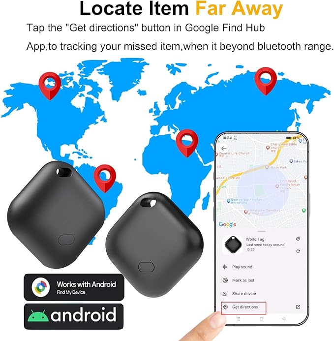 Bluetooth Tracker for Android 2-Pack, Google Certified Anti-Lost tag, Smart Item Locator with Global Network & Replaceable Battery for Keys, Wallet, Luggage, Pets-Black