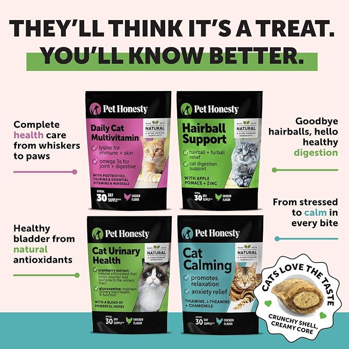 Cat Skin & Coat Health & Hairball Support Bundle: Omegas & Biotin Chews for Shiny Coat & Furball Remedy (Chicken 30-Day Supply)