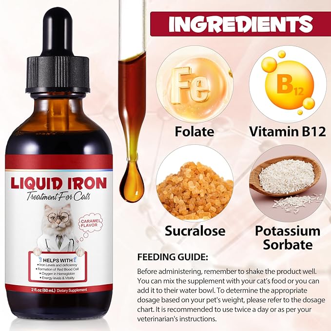 Iron Supplements for Cats, Liquid Iron for Cats, Liquid Iron Drops with Folate and B12 Supports Anemia, Low Enery Levels and Lethargy, Improve Energy Levels & Vitality, Cat Supplement