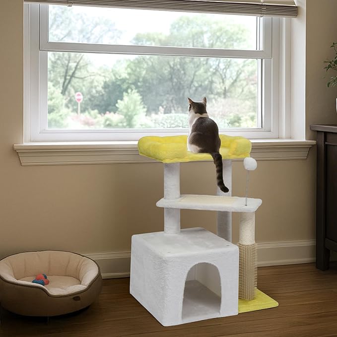 27.5in Plush Cat Tree, Multi-Level Cat Tower with Scratching Post and Pad, Cozy Condo & Padded Perch, Dangling Ball for Kittens and Indoor Cats, Compact Cat Furniture for Small Spaces (Yellow & White)