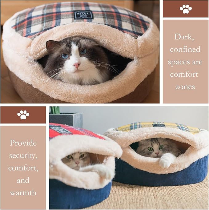 Cat Bed Cave– Enclosed Self Warming Hideaway with Detachable Lid & Mat, Covered House for Indoor Kitten & Kitty (Brown)