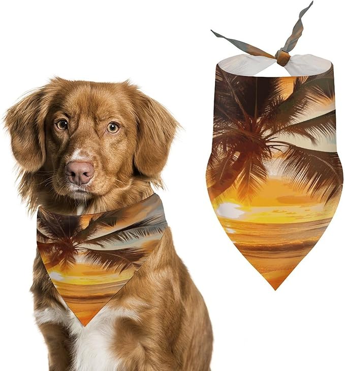 Dog Bandana Spring Pet Scarf Adjustable Triangle Tropical Beach Palm Tree Sunset Printing Dog Bib Washable Polyester Puppy Bandana for Small Medium Large Dogs Cat Birthday Party Supplies