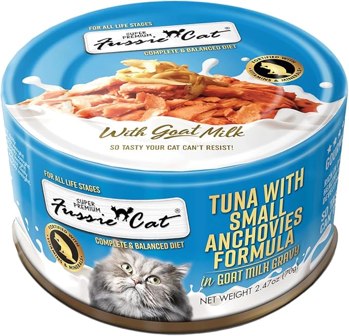 Fussie Cat Super Premium Canned Wet Cat Food in Goat Milk Gravy -2.47 oz Cans - Case of 24 (Tuna & Small Anchovies)