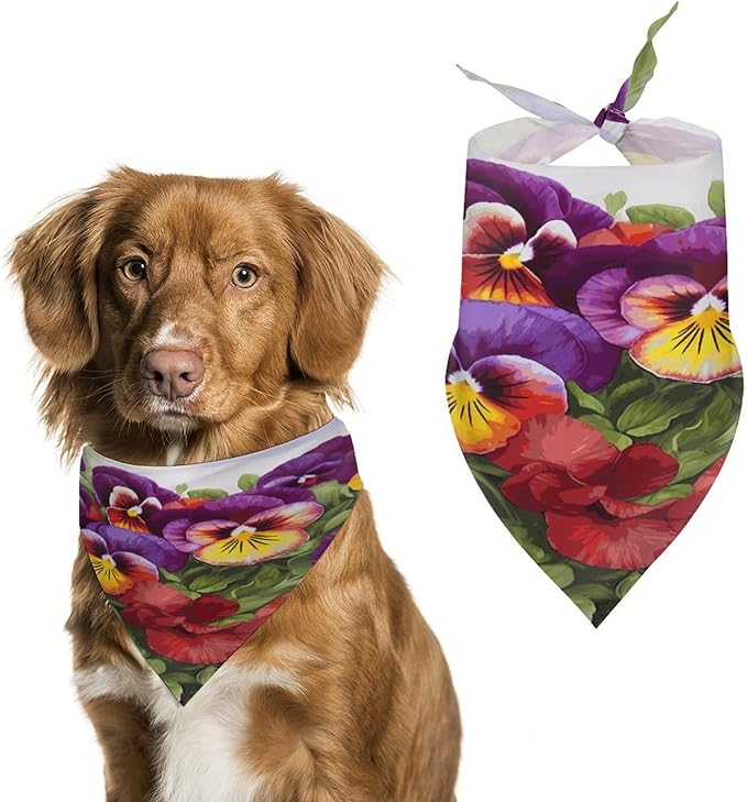 Dog Bandana Spring Pet Scarf Adjustable Triangle Pansy Perfection Printing Dog Bib Washable Polyester Puppy Bandana for Small Medium Large Dogs Cat Birthday Party Supplies