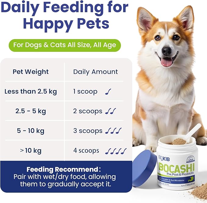 BOCASHI Probiotics Food Toppers for Dogs & Cats, Pet Fermented Nutritional Powder for Digestive Health, Gut Support, Diarrhea & Constipation, Immune Booster - Natural, Made in USA - 60 Scoops