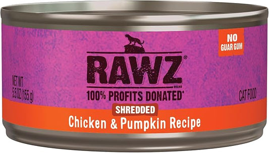 Rawz Natural Premium Shredded Canned Cat Wet Food - Made with Real Meat Ingredients No BPA or Gums - 5.5oz Cans 24 Count (Chicken & Pumpkin)