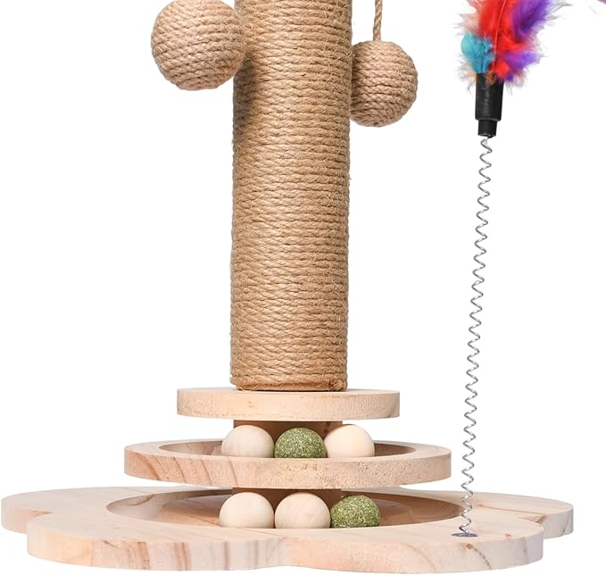 Cat Scratching Post, 50cm Cat Scratcher Toy, Natural Woven Sisal and Wood Interactive Cat Toys with Lanyard Ball, Ball, Feather (Feather Color is Random)
