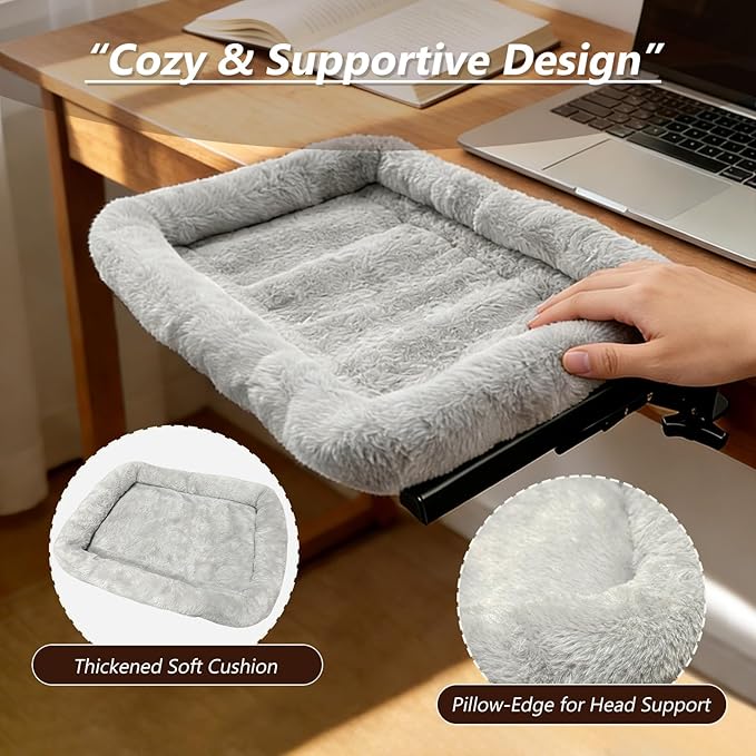 Cat Hammock for Desk Side - Foldable Office & Gaming Perch, Soft Faux Rabbit Fur Calming Bed, Heavy Duty Metal Frame Holds 33 lbs, Prevents Keyboard Sitting