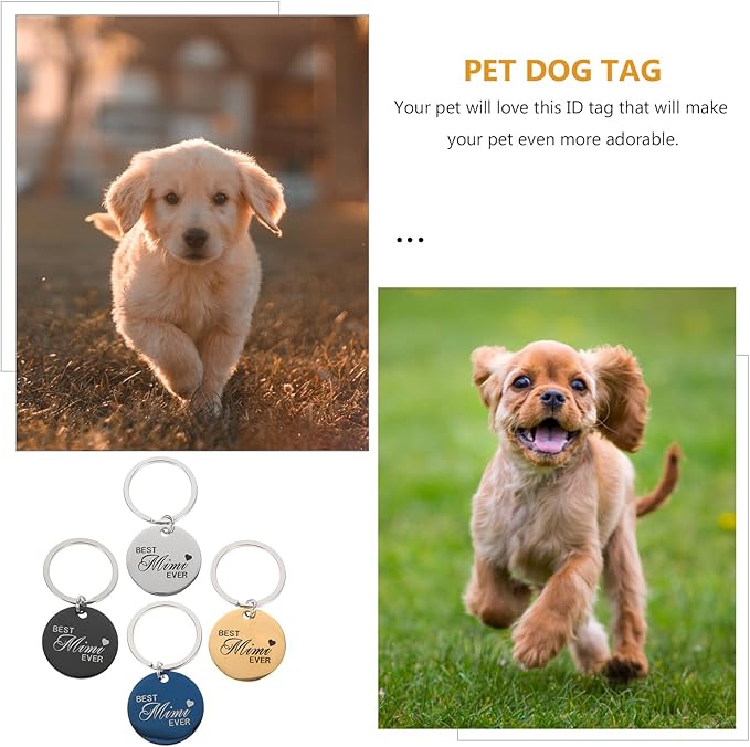 KALLORY 4pcs Stainless Steel Pet Id Dog Tag Keychain Set, Round Engraved Name Tags for Collar, Includes Silver, Dark Gray, Navy, and Yellow, Sturdy Pet Supplies for Cats and Dogs