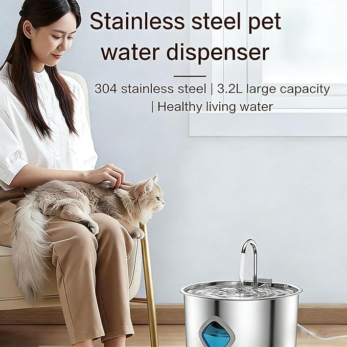 Dog Water Bowl, Triple Filtration System, 3.2L Capacity, Continuous Circulating Water Flow, Quiet Operation Stainless Steel Dog Water Fountain with Visual Water Level for Dogs Cats Pet (1PCS)