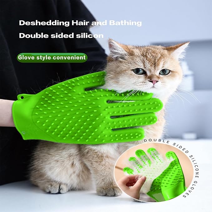 YOFANG Double-Side Pet Grooming Gloves, 4-in-1 Bathing Massage Hair Remover Brush, Anti-Slip Bite-Proof for Cat,Food Grade Silicone Deshedding Glove for Dogs Cats Horses Rabbits,Green-9" L (1 Pair)