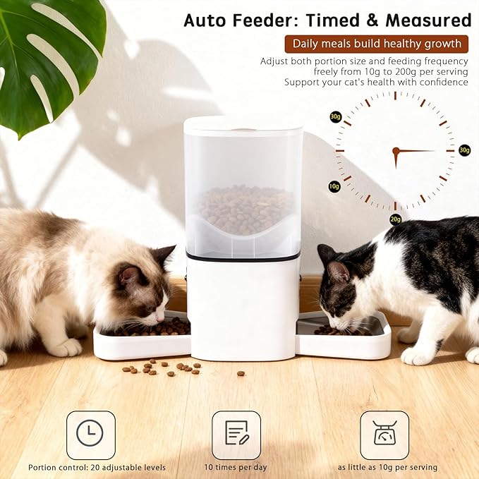 Automatic Cat Feeder with Dual HD Cameras for 2 Cats, 5G/2.4G WiFi Smart Pet Feeder with Night Vision, APP Control, Portion & Schedule Feeding, Multi-Pet Auto Food Dispenser-6L