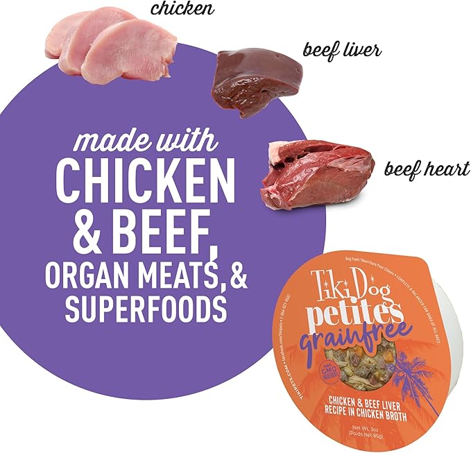 Tiki Dog Aloha Petites, Chicken & Beef, Nutrient Dense Meat, for All Dog Breeds and All Life Stages, 3 oz Cups, Pack of 4
