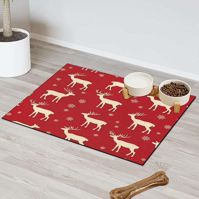 Xmas Elk Dog Food Mat for Floors Absorbent, Quick Dry Water Dispenser Mat for Food, Water, Pet Supplies 12" x 20", Gold Deer