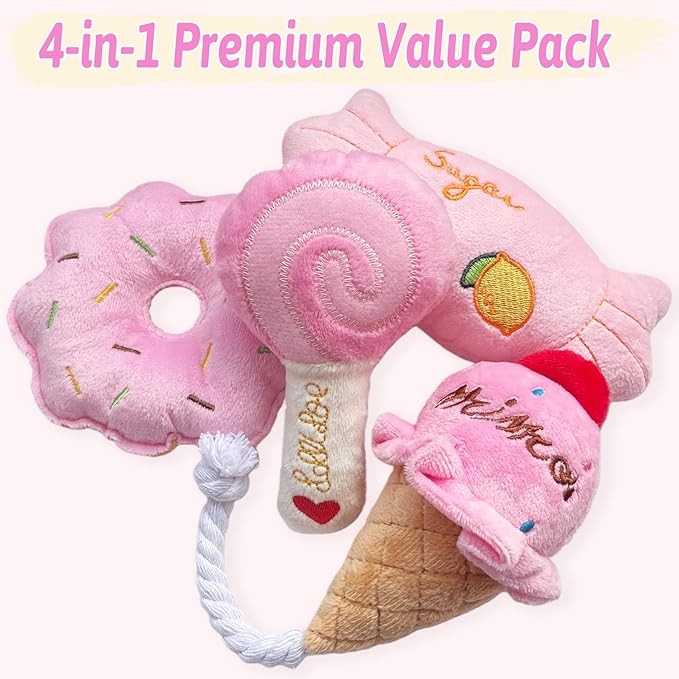 Dog Toys for Small Dogs, Puppy Toys for Teething Small Breed - Cute Pink Plush Dog Toy Set with Squeaker, Soft Dog Squeak Toys, Durable Dog Stuffed Toys & Dog Chew Toys for Puppies and Small Dogs