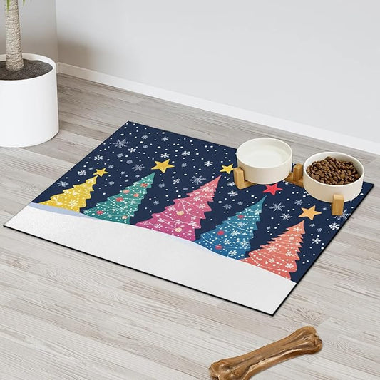 Christmas Trees Dog Food Mat for Floors Absorbent, Quick Dry Water Dispenser Mat for Food, Water, Pet Supplies 24" x 32", Xmas Snowflake