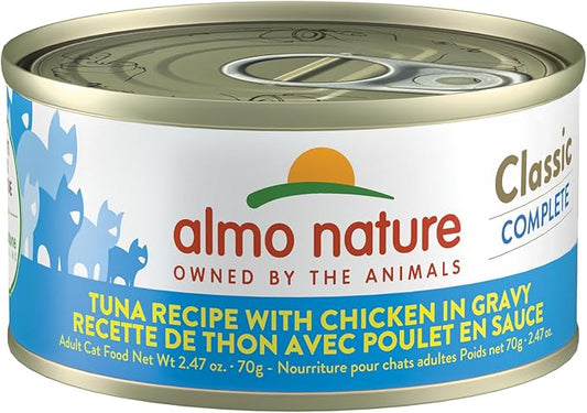 almo nature Classic Wet Cat Food, Tuna Recipe with Chicken in Gravy, Grain Free, GMO Free, No Artificial Colors and Flavors, 2.47oz Pack of 12
