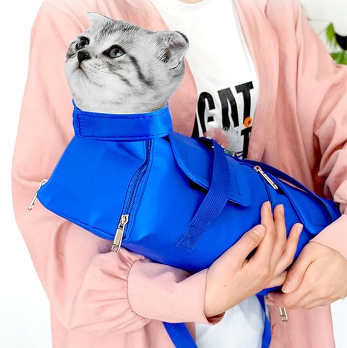 Cat Restraint Bag, Scratch-Resistant Nylon Cat Grooming Bag with Zipper & Paste Tape, Adjustable Multifunctional Cats Carry Bag for Administering Eye Drops, Ear Cleaner, Clipping Nails (Blue_M)