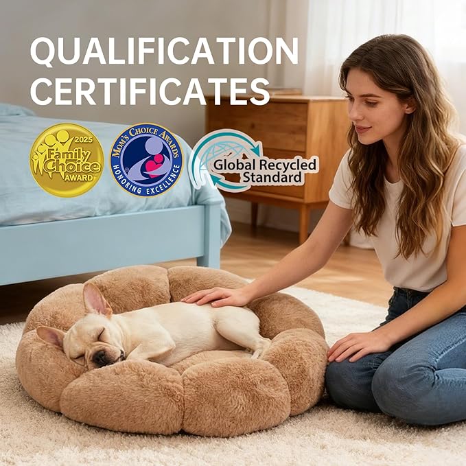 OhGeni 20 inches Calming Donut Dog & Cat Bed for Small Pets, Warming Comfort Fluffy Short Pile Fur, Durable Machine Washable, Cute Round Bed for Puppy and Kitten, Camel