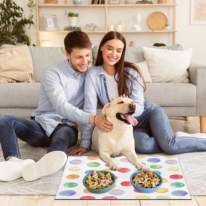 Polka Dot Dog Food Mat for Floors Absorbent Dog Bowl Mat for Food and Water Dispenser Quick Dry Cat Food Placemat Pet Supplies 17" x 30", Rainbow Circle