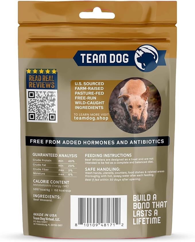 Team Dog Beef Trachea Dog Chews | Single Ingredient Treat | 100% Freeze Dried Beef Gullet Sticks for Dogs | Supports Healthy Teeth & Gums | All Natural Esophagus Dog Treats Made in USA | 3 Per Bag