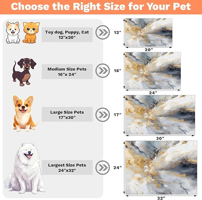 Grey Marble Dog Food Mat for Floors Absorbent, Quick Dry Water Dispenser Mat for Food, Water, Pet Supplies 16" x 24", Gold Abstract