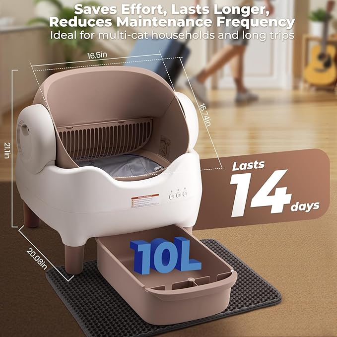 Self Cleaning Cat Litter Box: Automatic Cat Litter Box for Multiple Cats, Large Capacity with App Control, Safety Protection, Open-Top, Includes Waste Bags & Mat