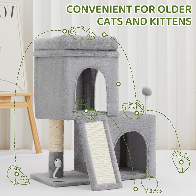 24inch Tall Cat Tree with 2 Cat Condo and Mouse Toy Cozy Small Cat Tower with Scratching Post and Board for Kitties and Small Cats.（Light Grey） (22 * 13 * 28)