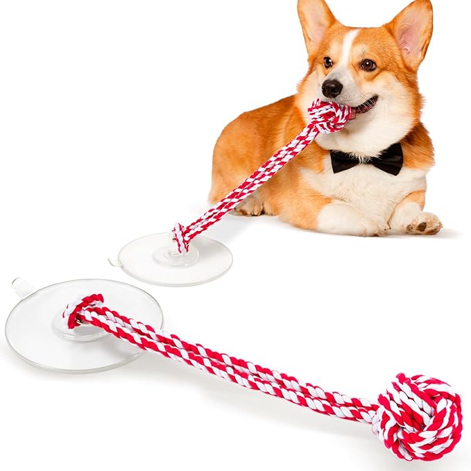 Interactive Dog Toys with Strong Gel Suction Cup, Durable Rope & Chew Ball, Dog Toys for Aggressive Chewers, Tug of War Dog Toy, for Small to Medium Dogs, Red White