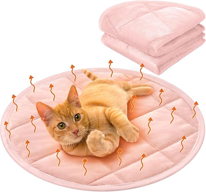 2 Pcs Self Warming Cat Mat Round Self Heating Pad Bed Reversible Machine Washable Heated Bed Anti Slip Warming Pad Pet Mat for Cat Crate Indoor Outdoor(Pink,16 Inch)