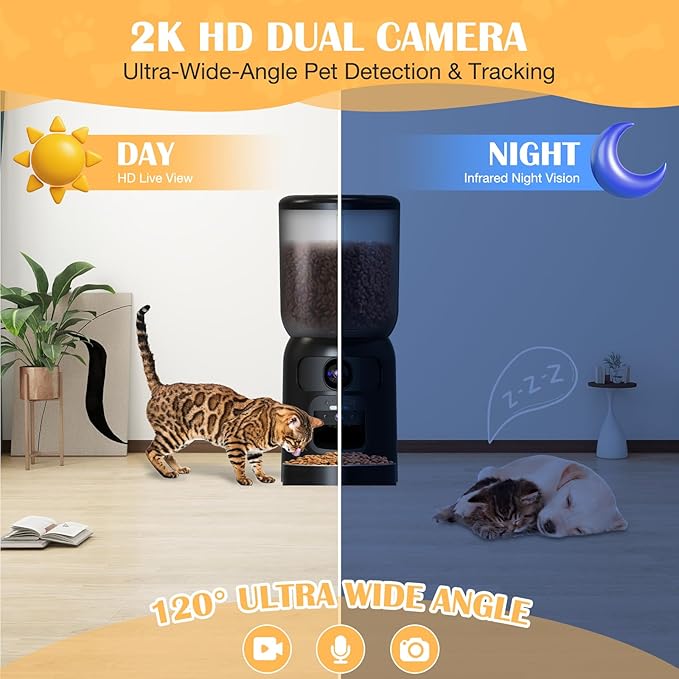 Automatic Cat Feeder with 2K Dual HD Cameras, 2.4/5G WiFi 6L Feeder, Pet Feeder Automatic for Cats & Dogs, Cat Food Dispenser with Cameras, Laser Interactive Toy & Night Vision(Black-Dual Cameras)