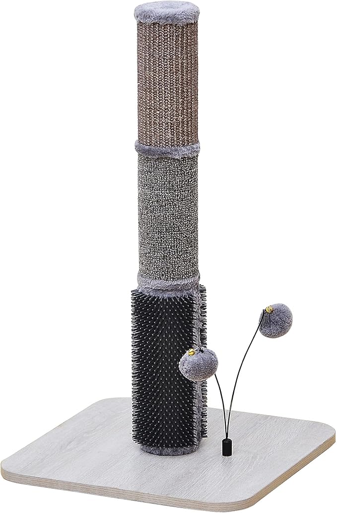 PetPals 25" Tall Sisal Carpet Scratching Post with Self-Grooming Massager, 3 in 1 Cat Scratching Post with Full Body Self Cleaning Brush, for Kitten and Adult Cats, 2 Fluffy Toys, Grey