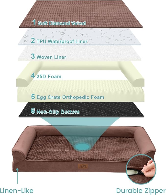 Orthopedic Large Dog Beds, Bolster Pet Couch with Waterproof Lining, Egg Crate Foam Sofa for Pets Up to 65 lbs, U-Shaped, 36x27x7.5 inch, Brown