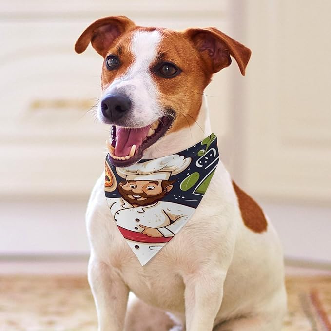Dog Bandana Spring Pet Scarf Adjustable Triangle Chef Pizza Printing Dog Bib Washable Polyester Puppy Bandana for Small Medium Large Dogs Cat Birthday Party Supplies