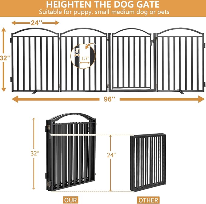 Malier Metal Freestanding Dog Gates with Door, 32'' Height Outdoor Indoor Dog Fences, 96'' Extra Wide Foldable Puppy Gate Free Standind Tall Pet Gate for Stairs, Hallways, Yard (Black, 4 Panels)