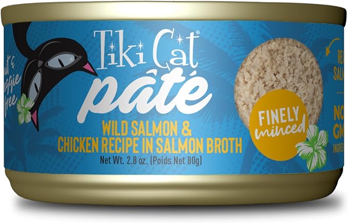 Tiki Cat Luau Pâté, Wild Salmon & Chicken Recipe in Salmon Broth, Grain-Free Balanced Nutrition Wet Canned Cat Food, for All Life Stages, 2.8 oz. Cans (Pack of 12)