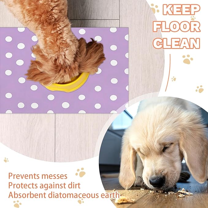 Polka Dot Dog Food Mat for Floors Absorbent Dog Bowl Mat for Food and Water Dispenser Quick Dry Cat Food Placemat Pet Supplies 24" x 32", Purple White Spot