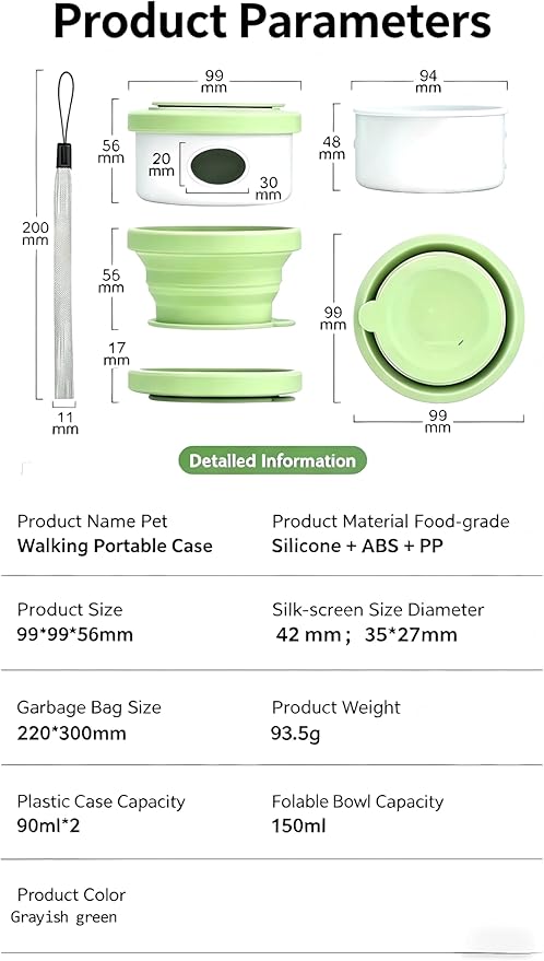3-in-1 Portable Dog Travel Kit | Collapsible Silicone Feeding Bowl + 90ml Food Storage + Poop Bag Dispenser | Food-Grade Pet Walking Supplies with Biodegradable Bags for Outdoor, Hiking & Trips