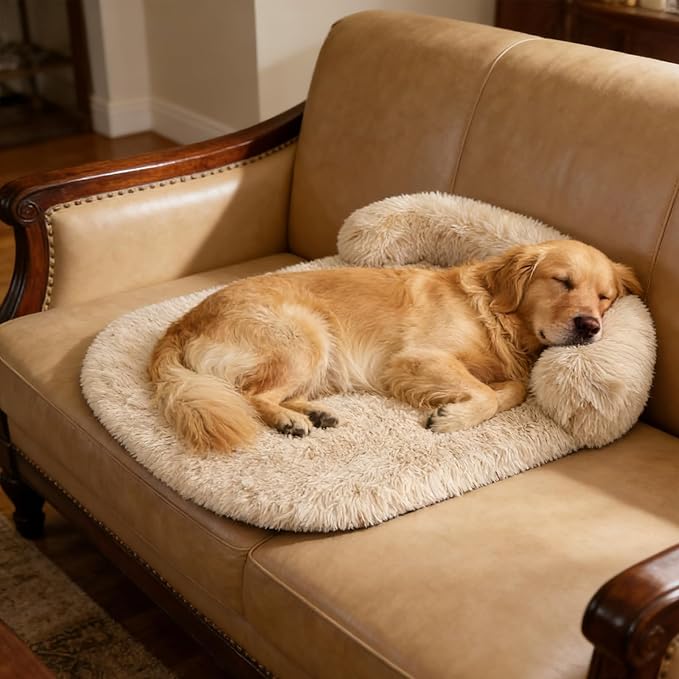 Calming Dog & Cat Beds for Small Medium Dogs Cats, Anti-Anxiety Plush Pets Lounge Couch Sofa Orthopedic Cushion, Soft Fluffy Faux Fur Washable, Fits up to 25 lbs Pets (Oval, Beige 26"x20")