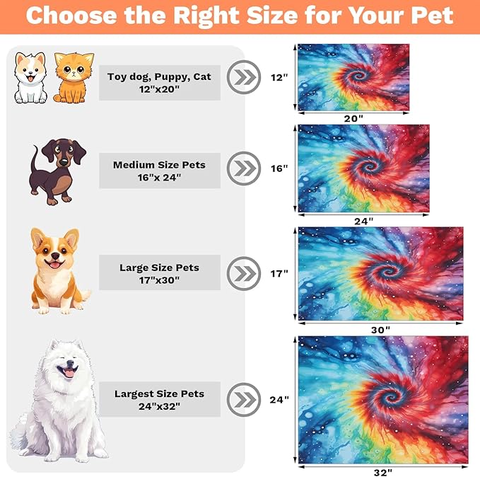 Tie Dye Dog Food Mat for Floors Absorbent, Quick Dry Water Dispenser Mat for Food, Water, Pet Supplies 17" x 30", Red Blue