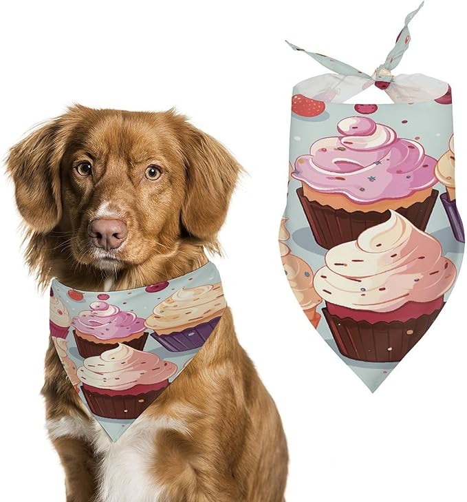 Dog Bandana Spring Pet Scarf Adjustable Triangle Delicious Cupcakes Printing Dog Bib Washable Polyester Puppy Bandana for Small Medium Large Dogs Cat Birthday Party Supplies