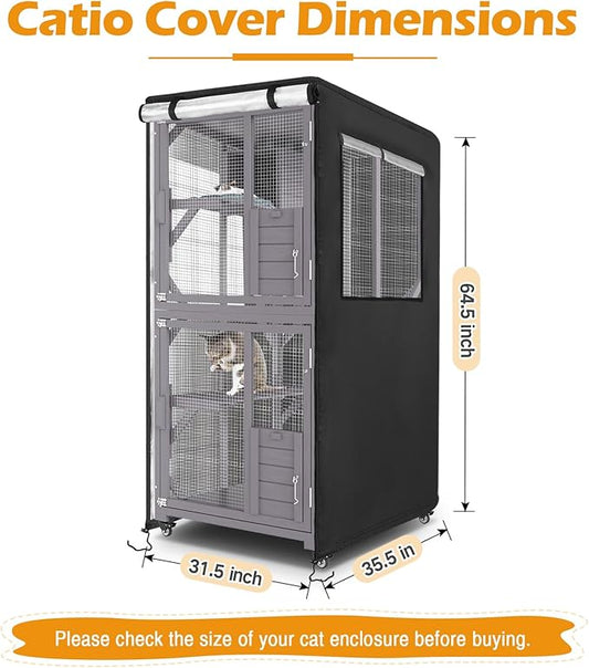 Catio Cover,31.5"L x 35.5"W x 64.5"H Cover for Catio Outdoor Cat Enclosure Waterproof, 420D Cat Cage Covers for VEVOR 3-Tier Catios, Outdoor Cats Enclosure Covers(Black)(Catios Not Included)